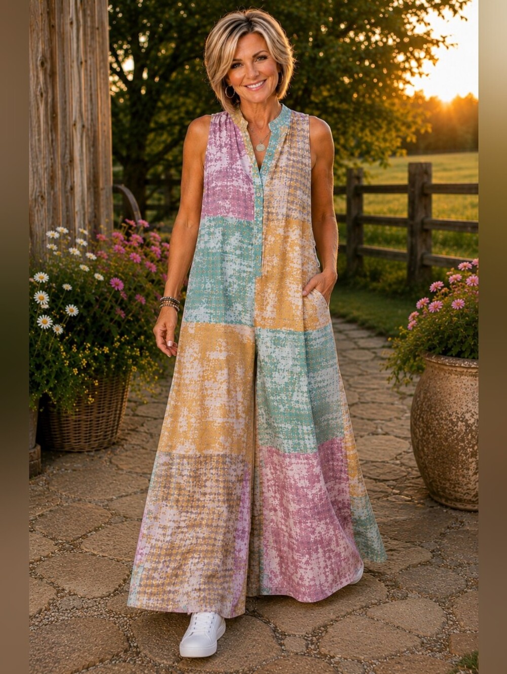 Sleeveless Patchwork Print Jumpsuit in Pastel Yellow, Blue & Pink